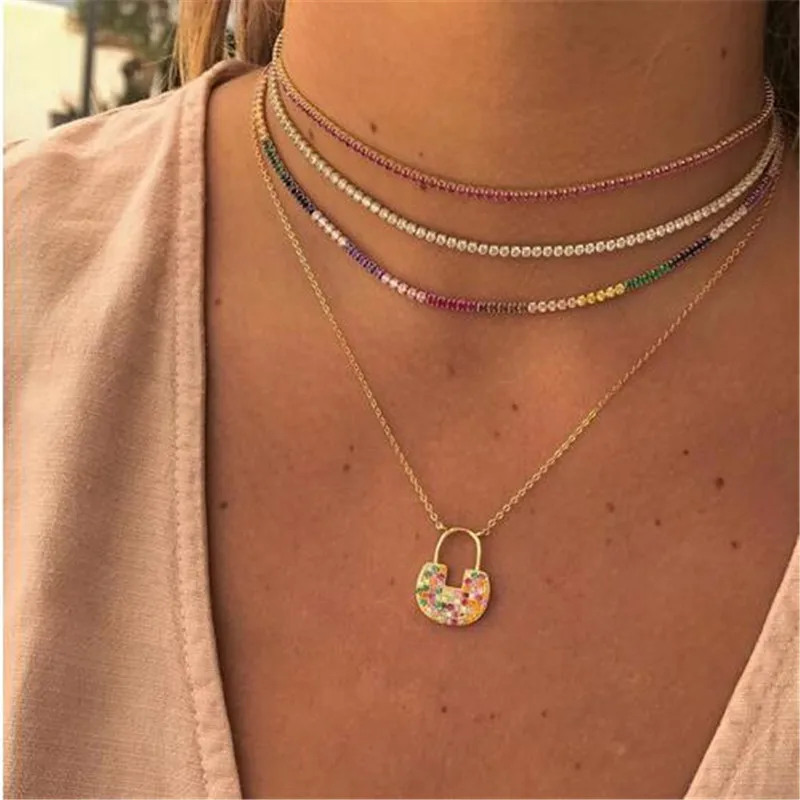 2019 эффектное ожерелье золотого цвета с радужным кубическим цирконием цепь для