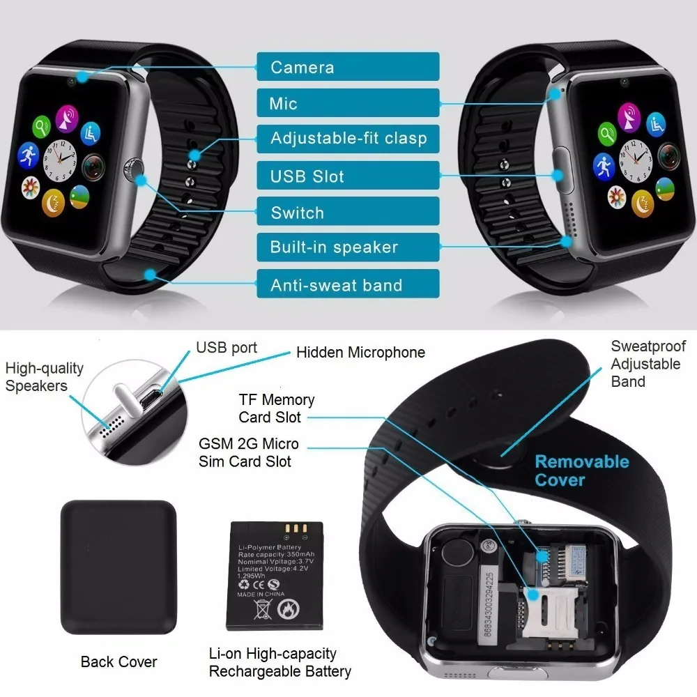 ZAOYIMALL Bluetooth Smart часы GT08 Smartwatch будильник с сим карты памяти Камера для Android IOS Apple iPhone