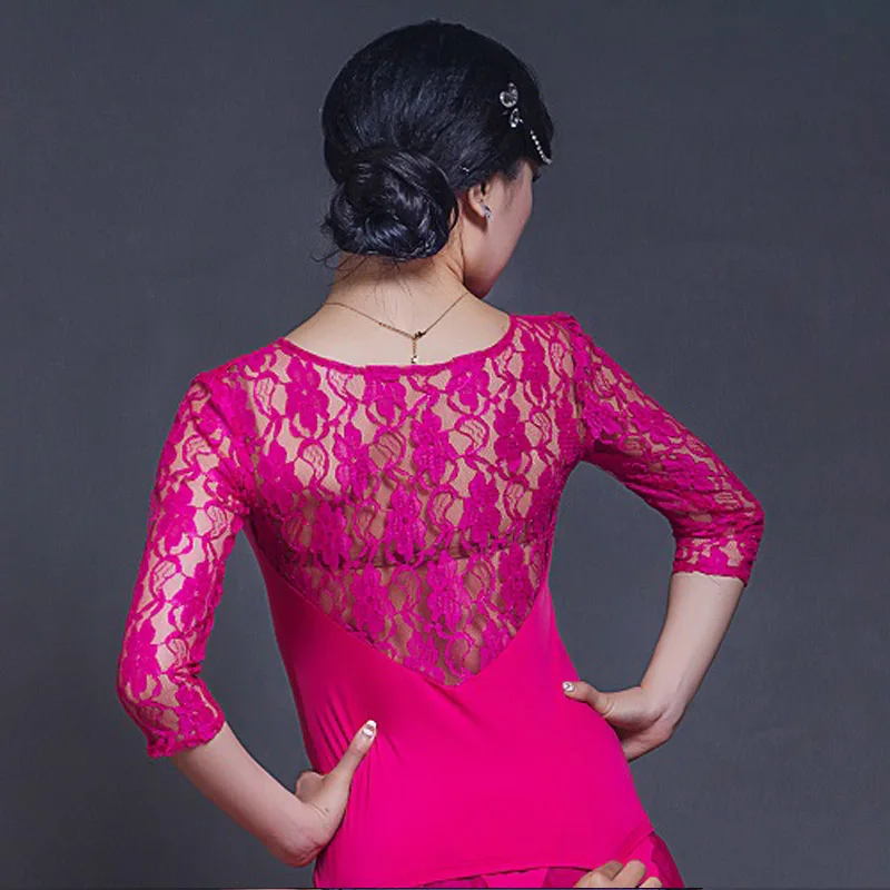 Rose Red Top Для женщин танец черные топы Кружевная рубашка для бальные танцы, вальс/Одежда для танго дамы бальных танцев спортивная одежда топы BL1739 - Цвет: Rose Red Top