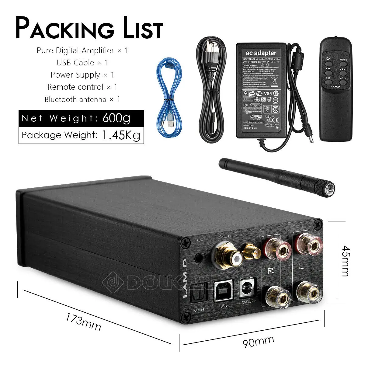 Встроенный Bluetooth 5,0 стерео усилитель мощности аудио декодер USB/Opt/Coax/AUX