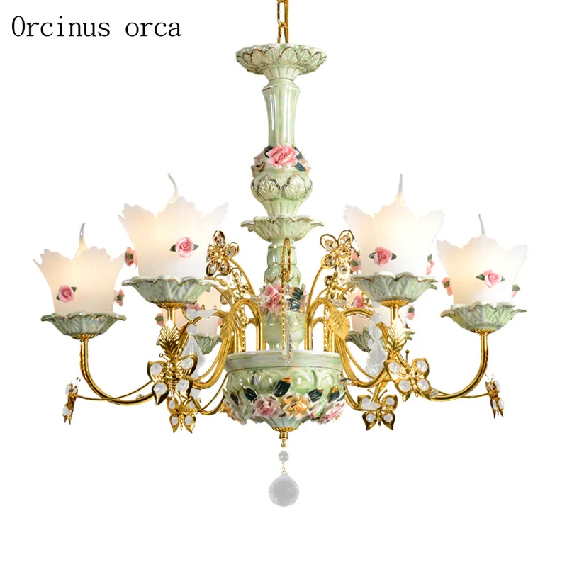 European luxury flower ceramic chandelier living room bedroom French idyllic dream LED free shipping | Лампы и освещение