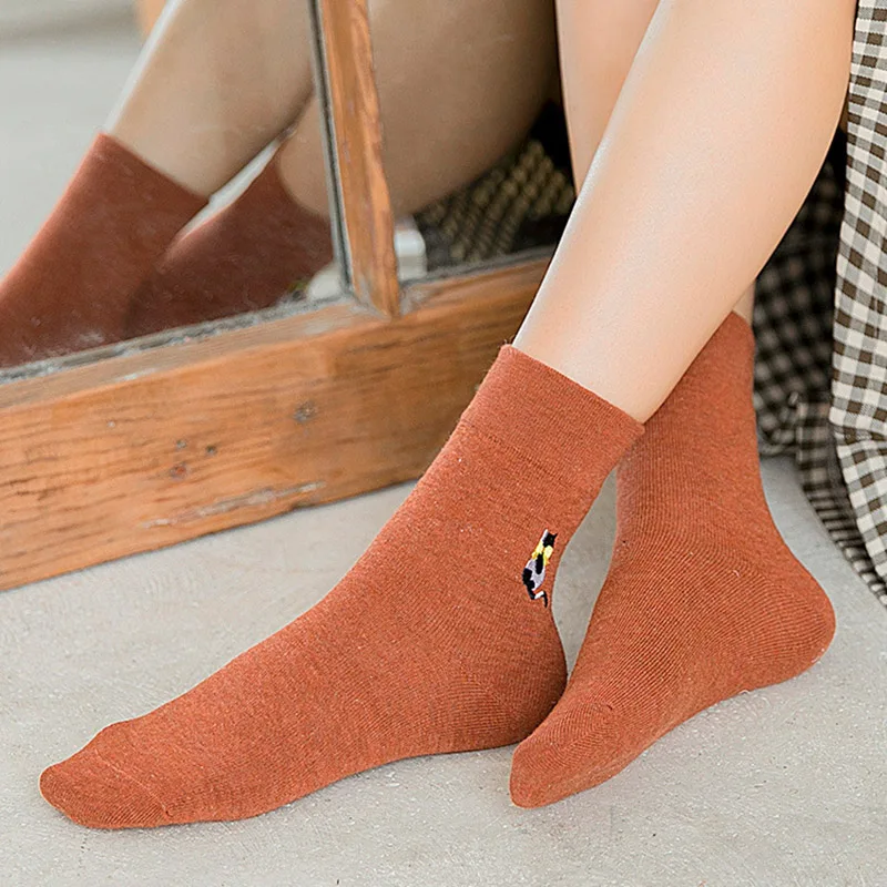 Autumn and Winter Thick Ladies Daily Cotton Socks Harajuku Korea Japanese Cartoon Embroidery Cat Cute Casual Warm Sock | Женская одежда