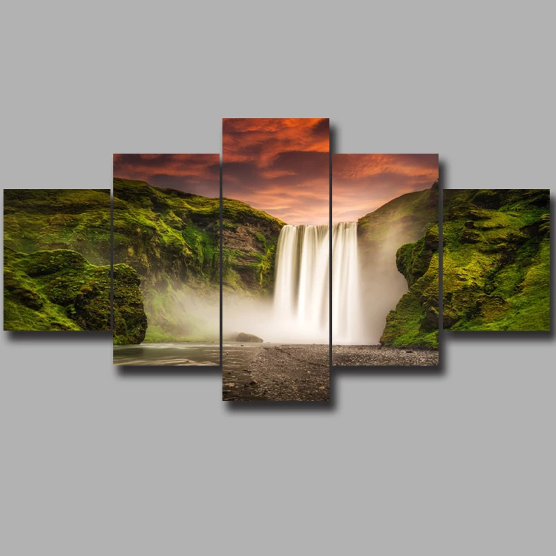 

5 Piece Framed Waterfall Paintings Canvas Art Sunset Wall Picture Home Decoration Living Room HD Print Painting Artwork