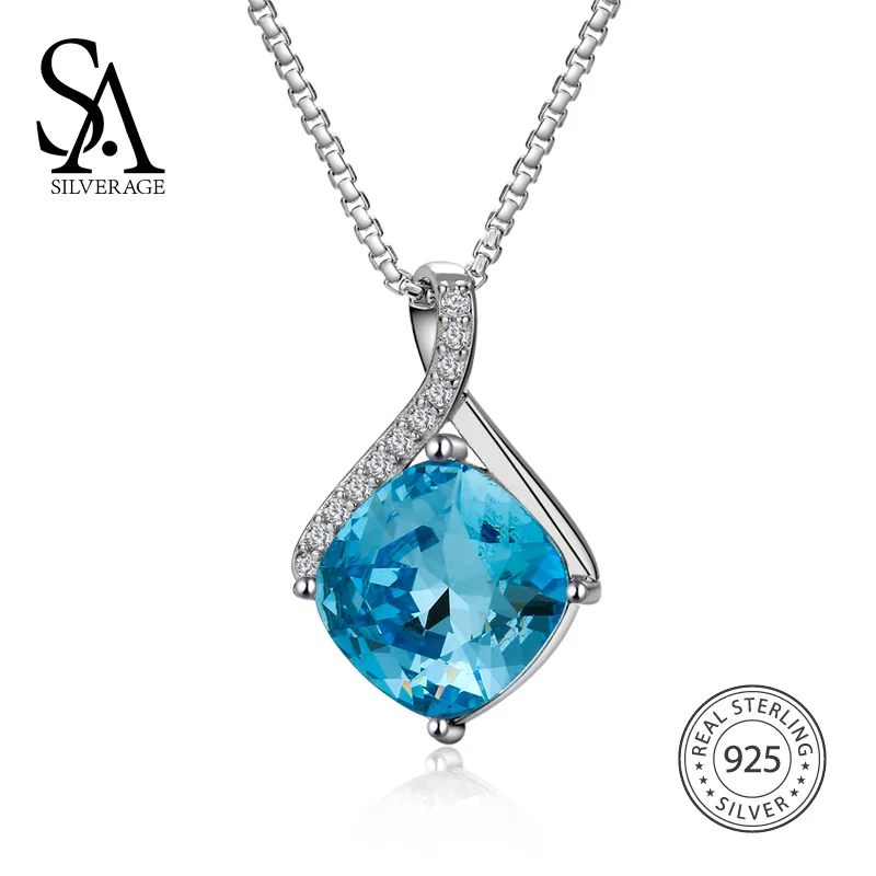 Женское длинное ожерелье из серебра 925 пробы с синим кристаллом|fine jewelry|necklace long
