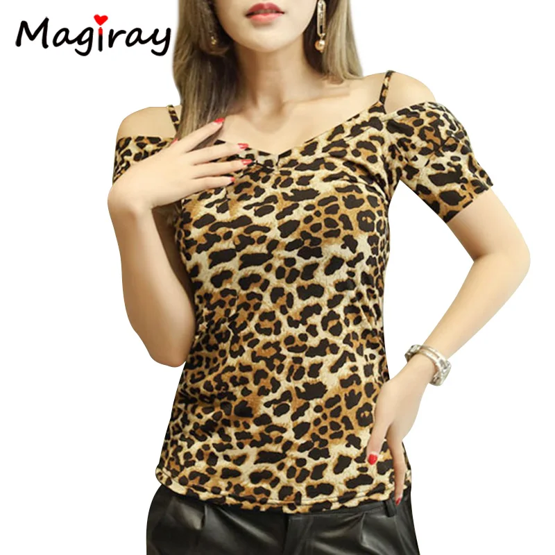 

Magiray Plus Size 4XL Leopard T Shirt Women Off Shoulder Top Summer 2020 Fashion Backless Tee Shirt Femme V Neck T-shirt C526