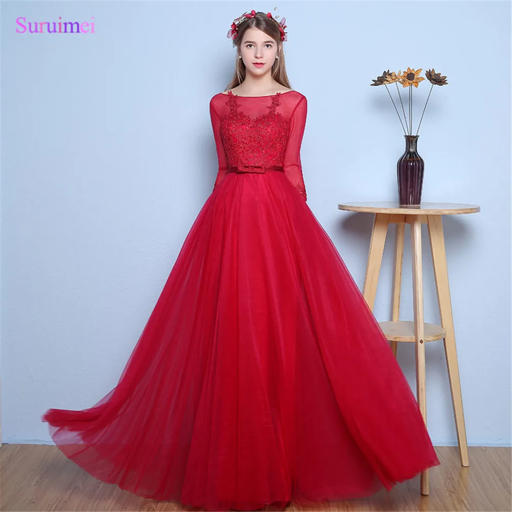 

Rose Red Prom Dresses with Fashion Lace Applique Sheer Illsion Tulle Neck Long Prom Gown with Half Sleeves