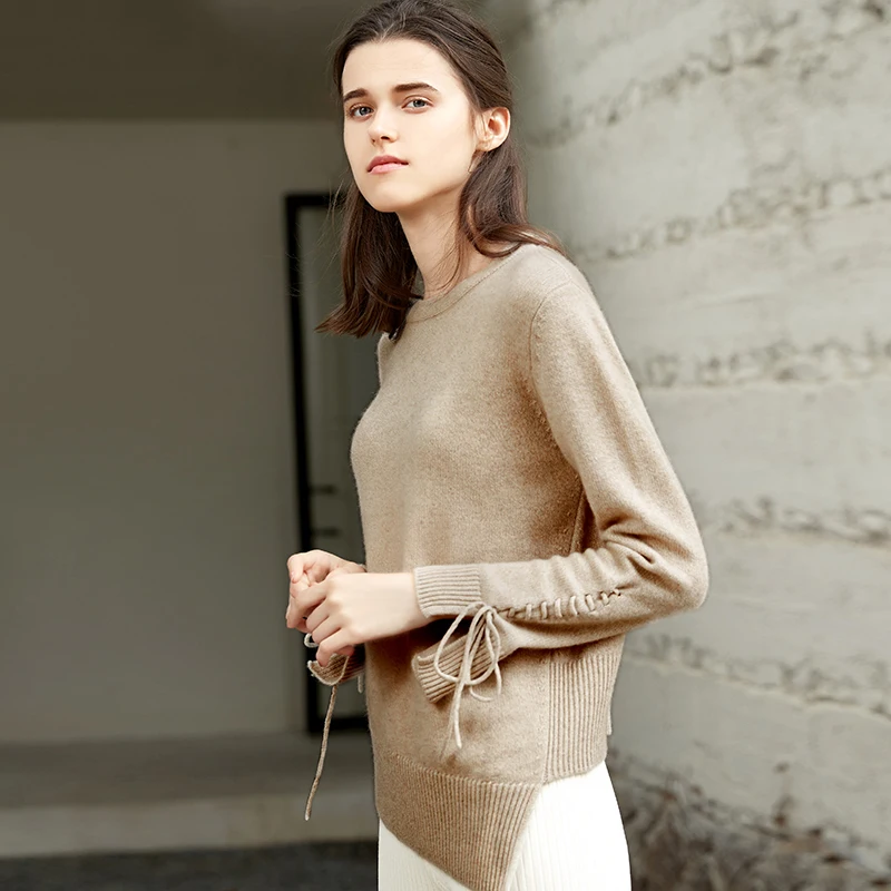 

ZHILI 2018 New Autumn Winter O-Neck Lace Up Sleeve Cashmere Sweater