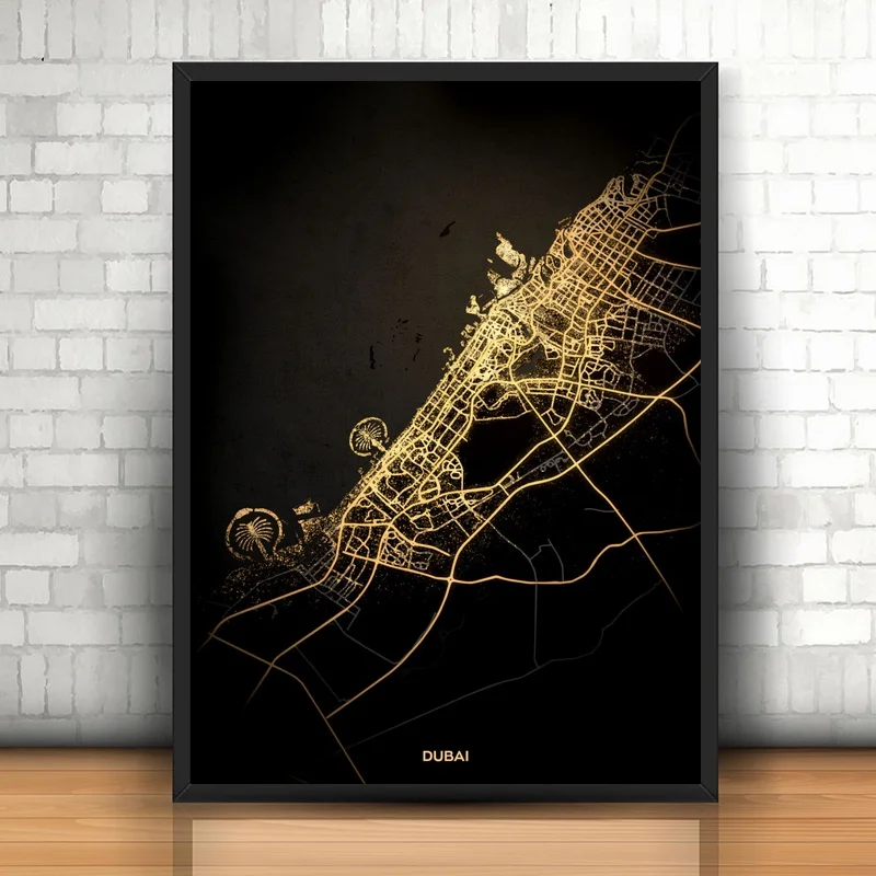 Дубай современный город Золотая карта плакат холст Художественная печать Декор