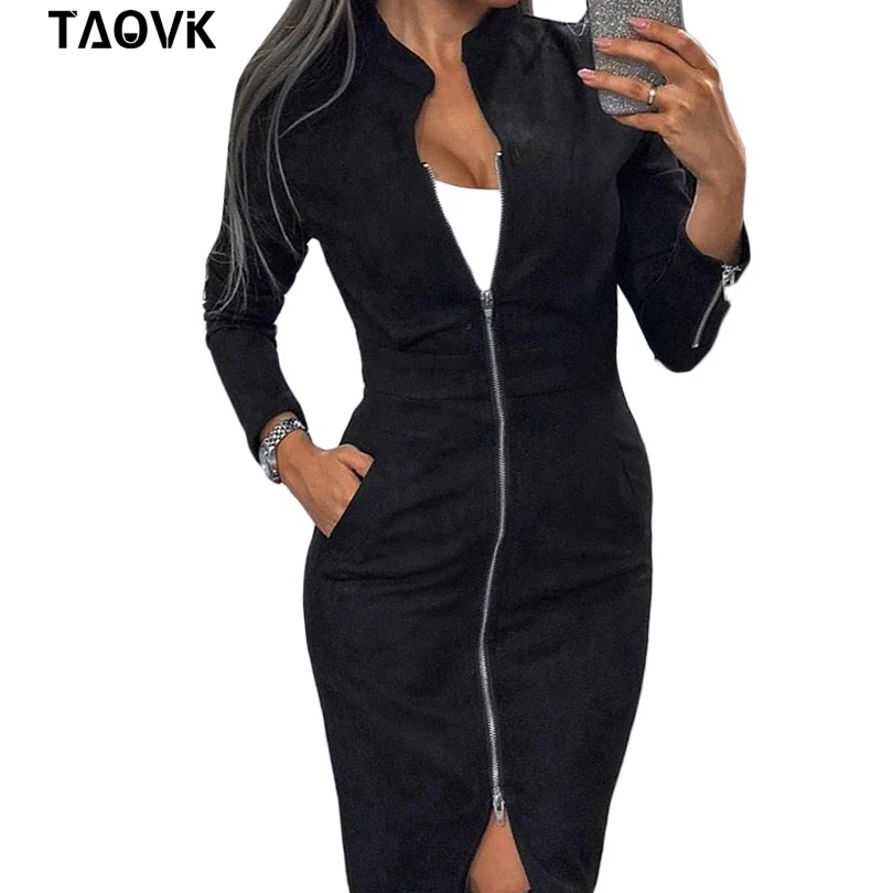 TAOVK High Street Suede Платье женское с длинным рукавом Bodycon платье с молнией винтажный воротник-стойка офисные женские платья