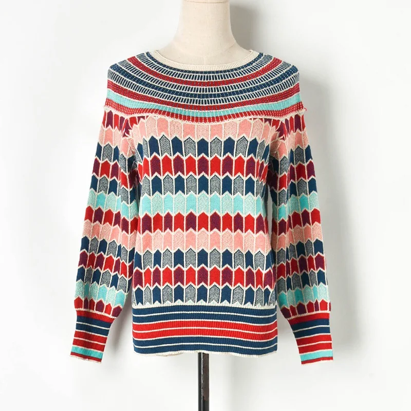 

Женские свитера в стиле High Street, полосатый Радужный подиумный пуловер с круглым вырезом для вечеринки, женские вязаные повседневные топы для...