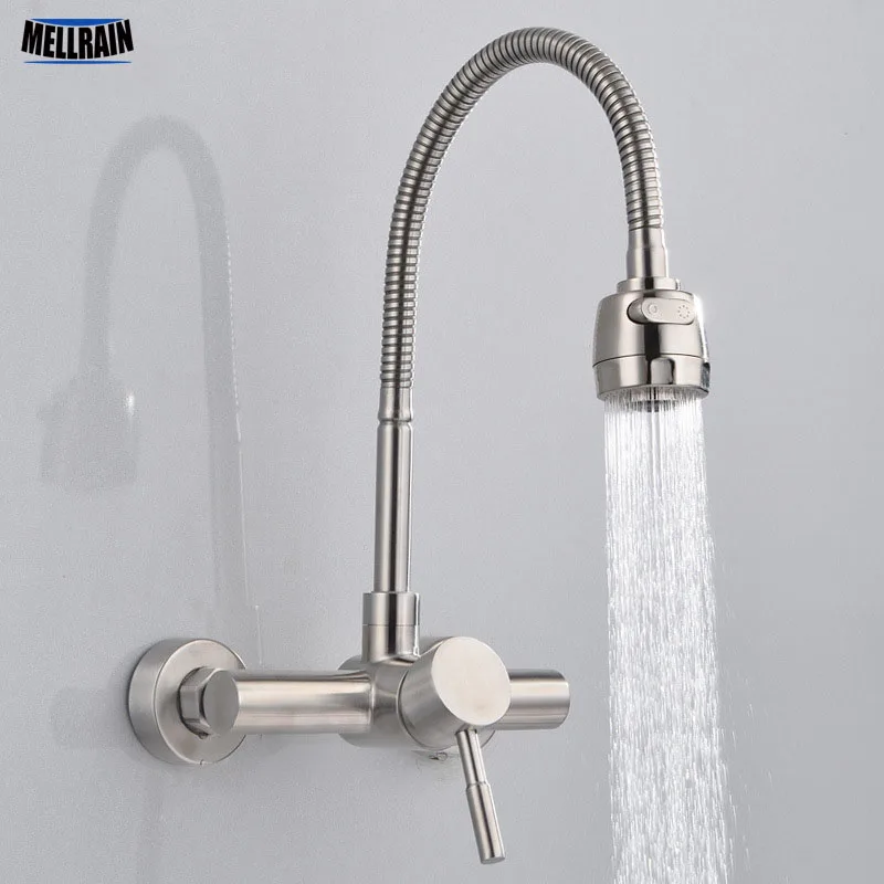 

Free Shipping Stainless Steel material Wall Mounted Kitchen sink mixer faucet With free rotation hose mixer water Tap