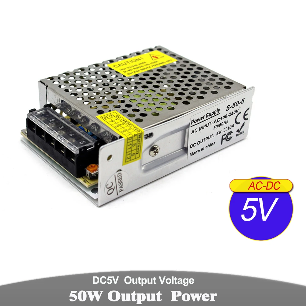 Переменный импульсный источник питания DC 5V 10A 50W Трансформатор 100-240V AC к DC5V SMPS для светодиодный USB дисплей освещение монитор CCTV