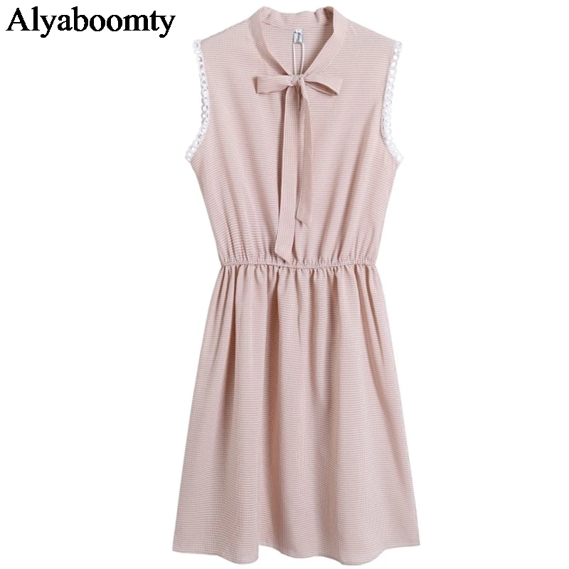 2019 японский консервативный стиль летний женский сарафан бант воротник плед