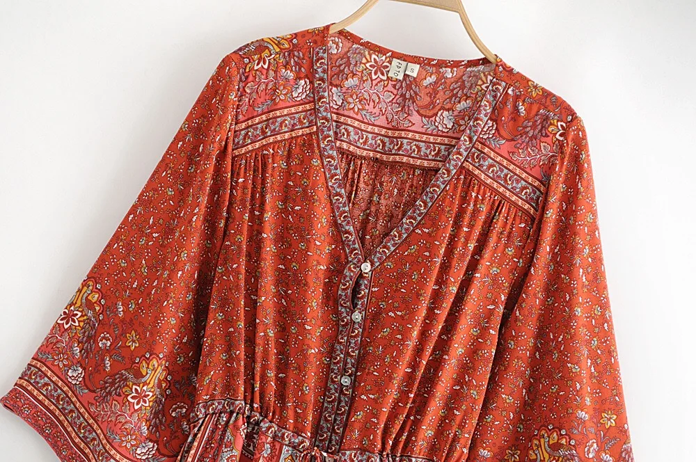 Женское платье с цветочным принтом BOHO длинное поясом на кнопках в этническом