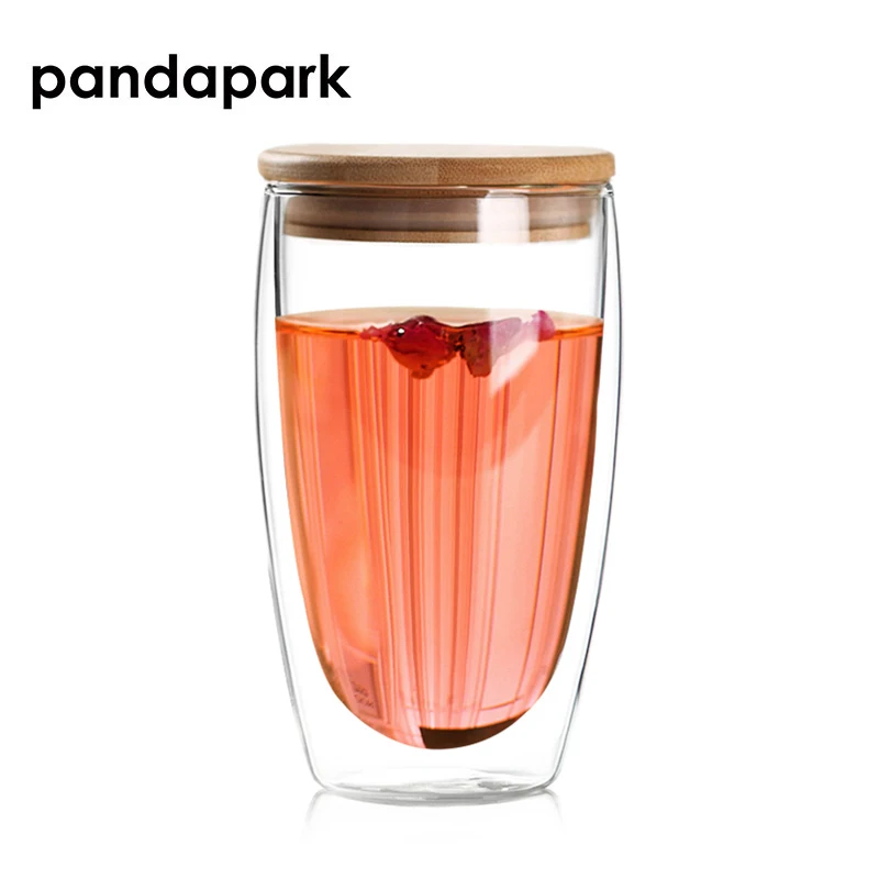 Стеклянная Кружка Pandapark с двойными стенками и бамбуковой крышкой | Дом сад