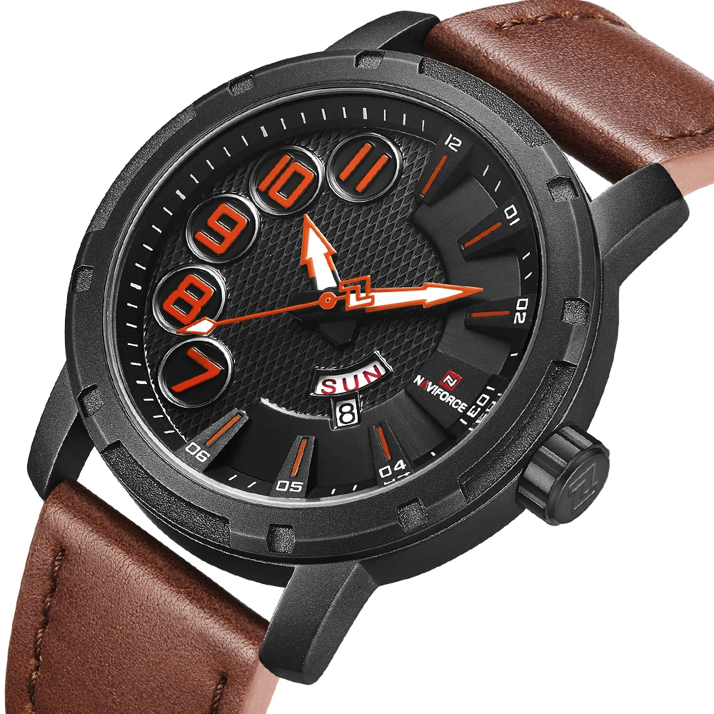 Новинка 2018 модные мужские часы Naviforce Militray Спортивные кварцевые кожаные наручные