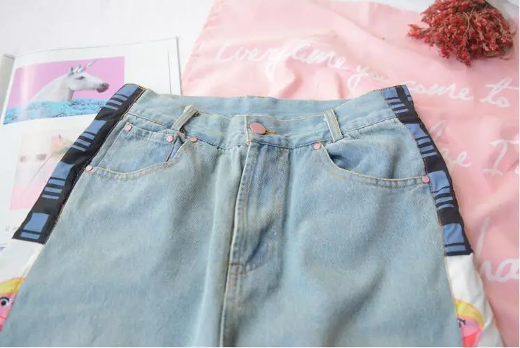 Женские винтажные джинсы длинные джинсовые брюки с принтом сбоку|Джинсовые