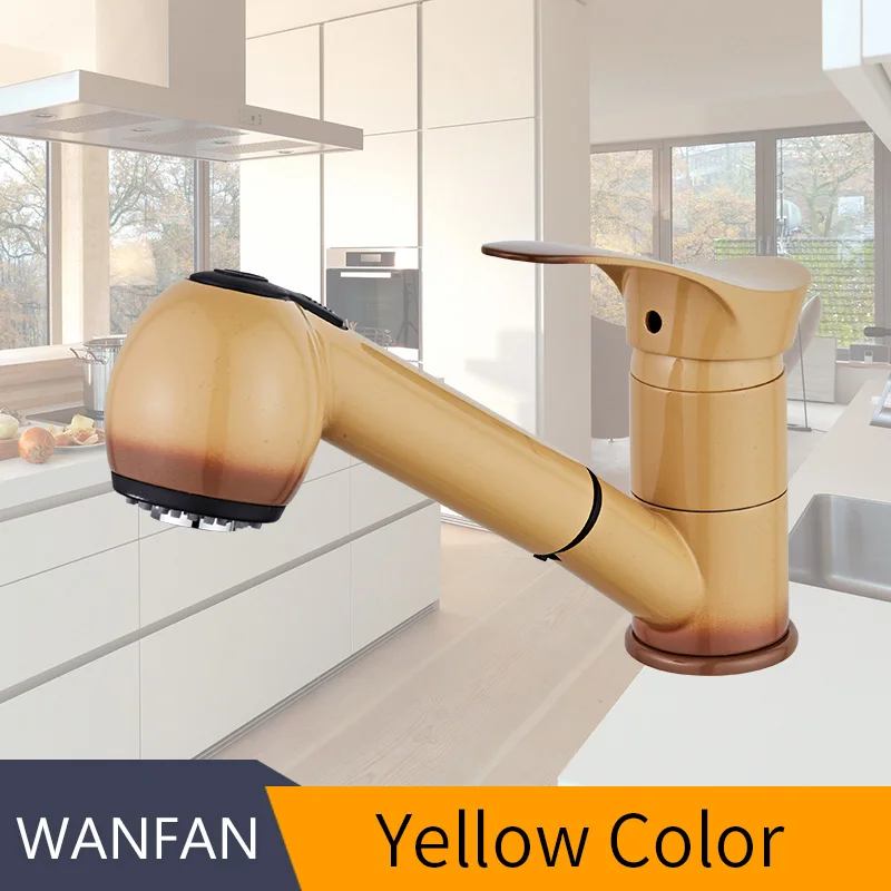 Yellow Кухонные смесители с поворотом на 360 градусов, выдвижной кухонный кран для раковины, водосберегающий полированный черный смеситель для раковины, латунный кран WF-7005 - Цвет: Yellow