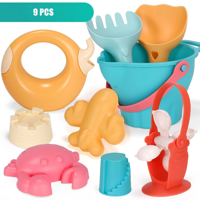 9pcs Детские летние пляжные игрушки, мягкая силиконовая песочница, набор, морской песок, ведро, инструмент, грабли, песочные часы, водный стол, игра, забавная лопата, форма, игрушка для ванны - Цвет: 9pcs