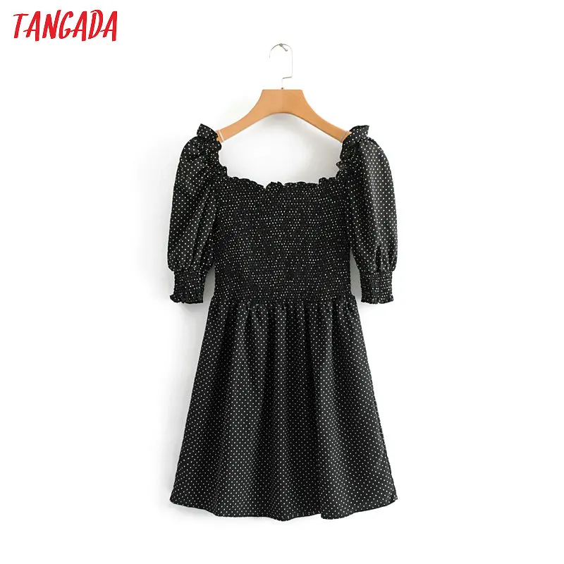 Tangada, модное женское мини-платье с принтом, в горошек, эластичная талия, короткий рукав, Ретро стиль, женское черное платье, vestidos 3D106