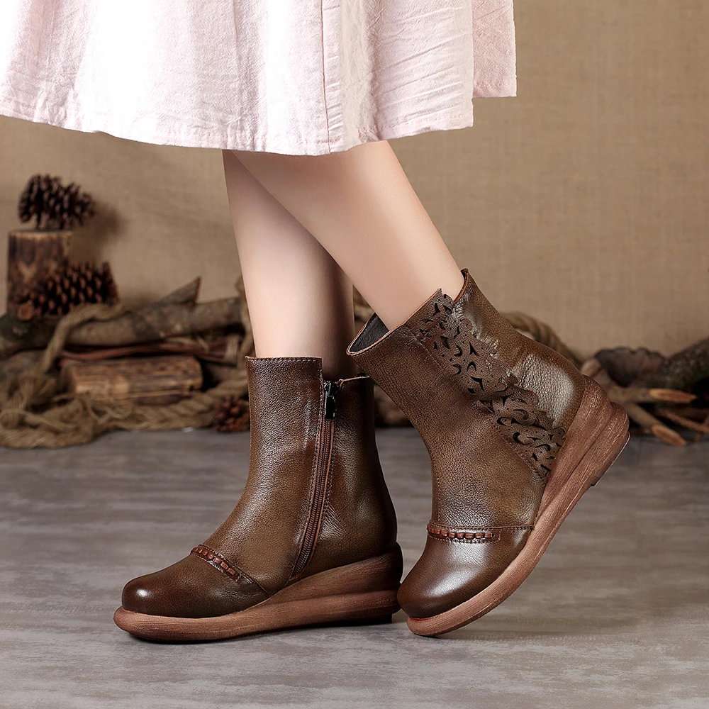 Women Genuine Leather Boots Spring Autumn Handmade Short Wedges Boot Ladies High Top Shoes Fashion Mother Ankle 355-2 | Обувь