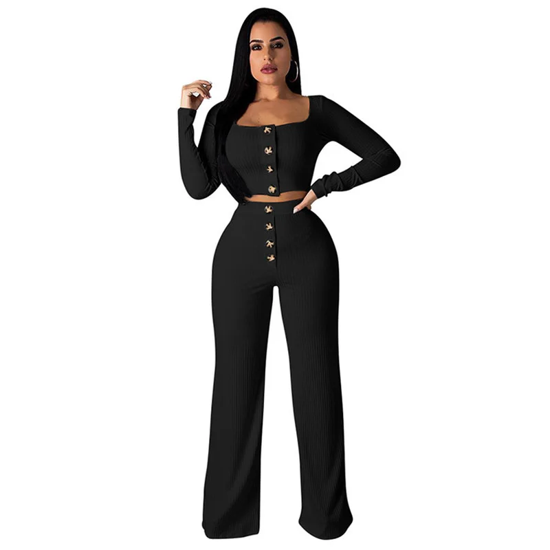 2019 spring and autumn fashion sexy low collar long-sleeved button open navel set milk silk high waist trousers ladies two-piece | Женская