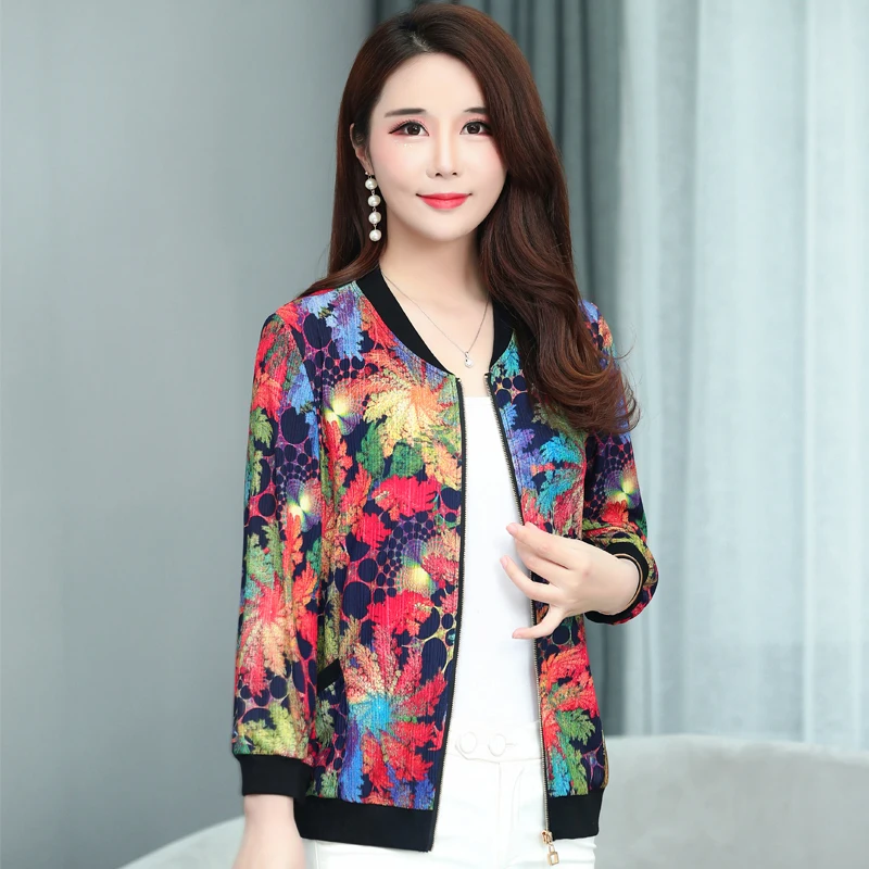 

new Spring and summer woman silk cloud jacket woman nine-point sleeve baseball uniform women's printed coat plus size S-5XL