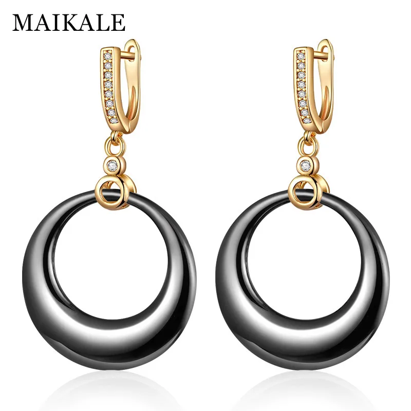 MAIKALE, корейская мода, черные, белые керамические серьги для женщин, золотые, серебряные, кубический цирконий, циркон, капля воды, висячие серьги, ювелирные изделия