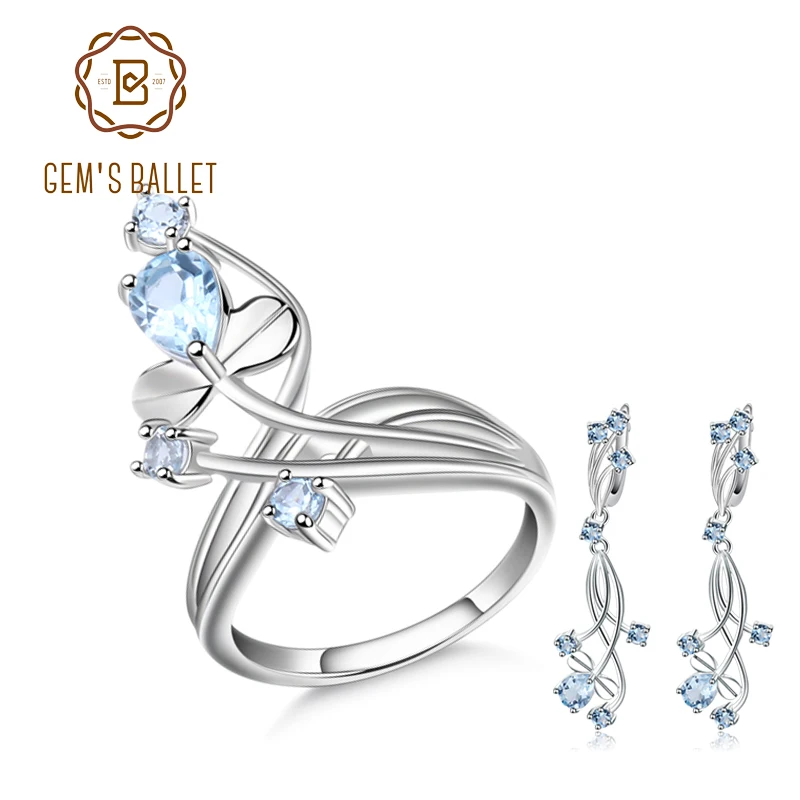 

GEM'S BALLET Natural Sky Blue Topaz Gemstone Vintage Jewelry Set 925 Sterling Silver Earrings Ring Set For Women Wedding Jewelry