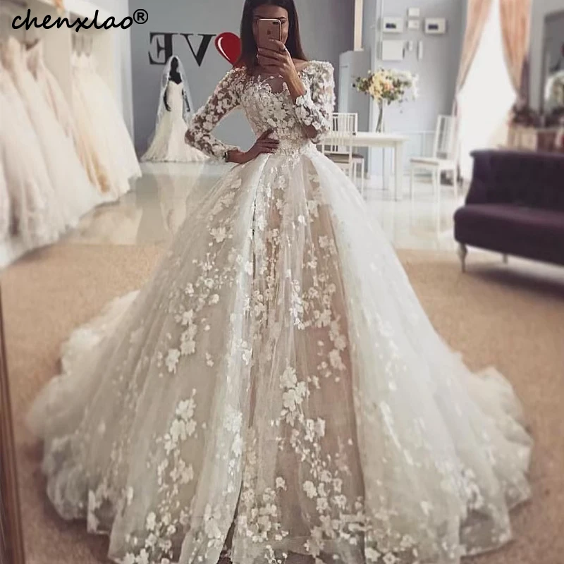 Ball Gown Long Sleeves Wedding Dress Jewel Neck Lace 3D Flower Bridal Gowns Court Train Dresses Vestido De Noiva | Свадьбы и
