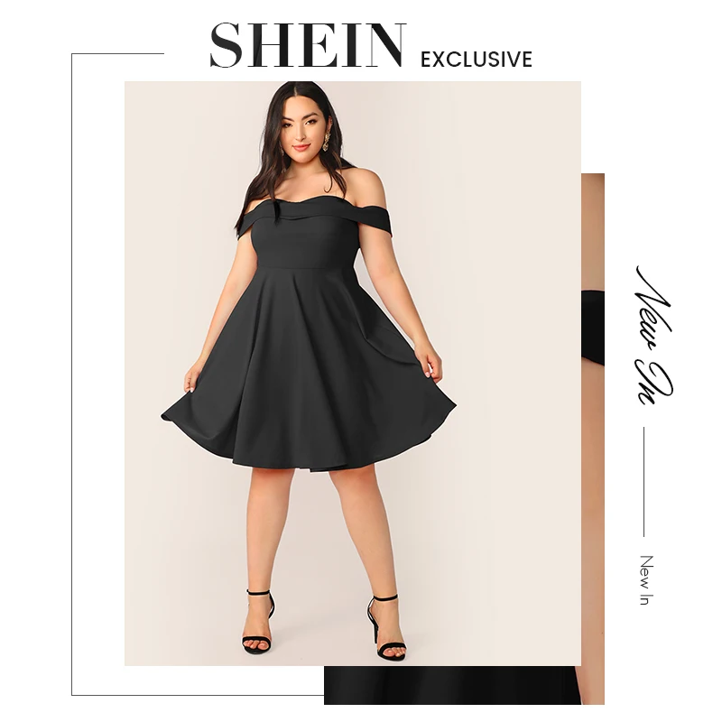 SHEIN, платье трапециевидной формы с открытыми плечами размера плюс,, женское летнее элегантное милое однотонное платье с высокой талией