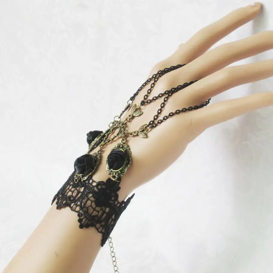 Black Rose and Chain Links Women`s Lace Hand Bracelet |