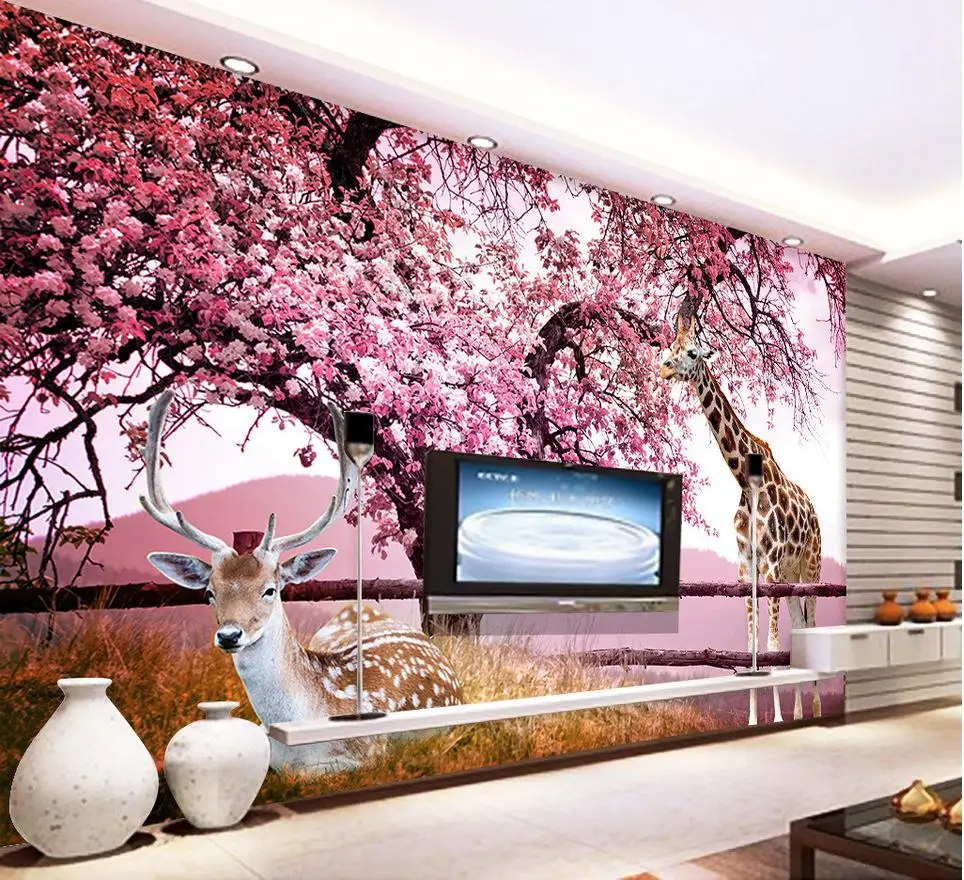 Пользовательские фото обои 3D стереоскопические вишневые цветы олень ТВ фон