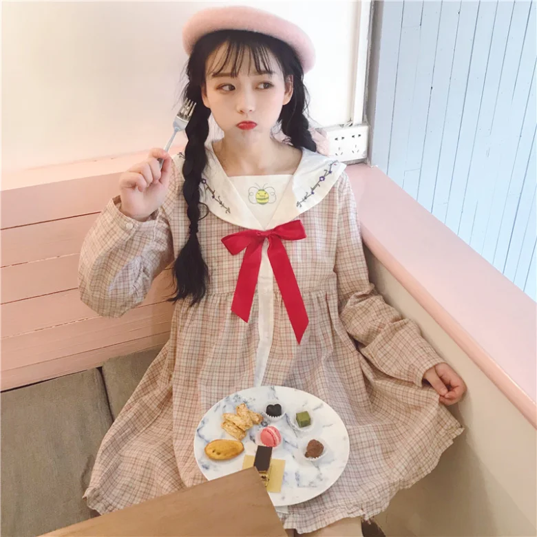 Kawaii платье лолиты весеннее женское японское милое студенческое платье с бантом и вышивкой в клетку летнее маленькое свежее платье
