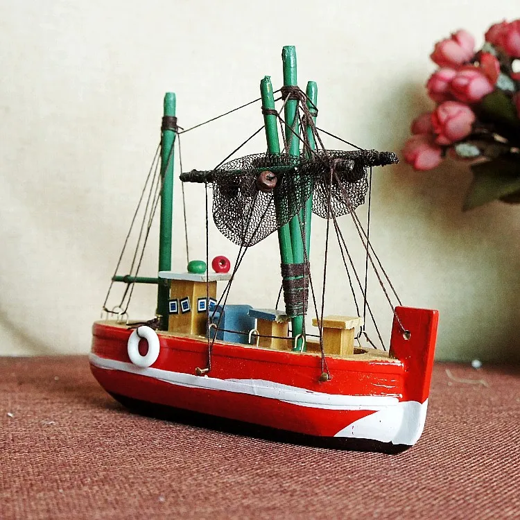 New Model Wooden Fishing Boat Model Office Decorations Wood Craft Fishing Net Sailing Model Sailboat Ship Model 15* 5* 12.5cm