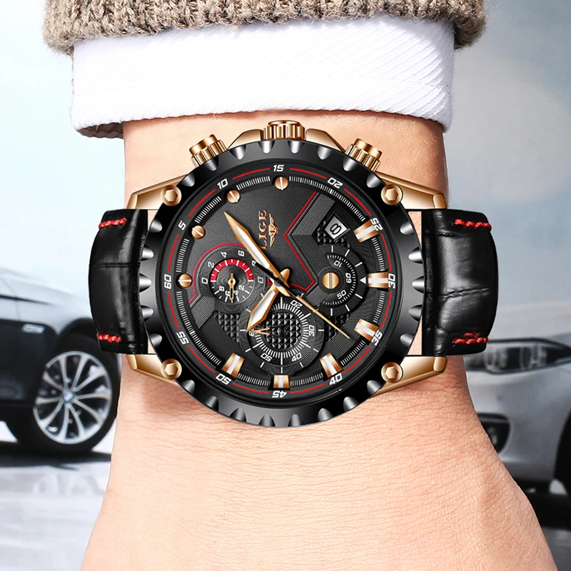 Часы наручные LIGE мужские с кожаным ремешком модные брендовые Роскошные