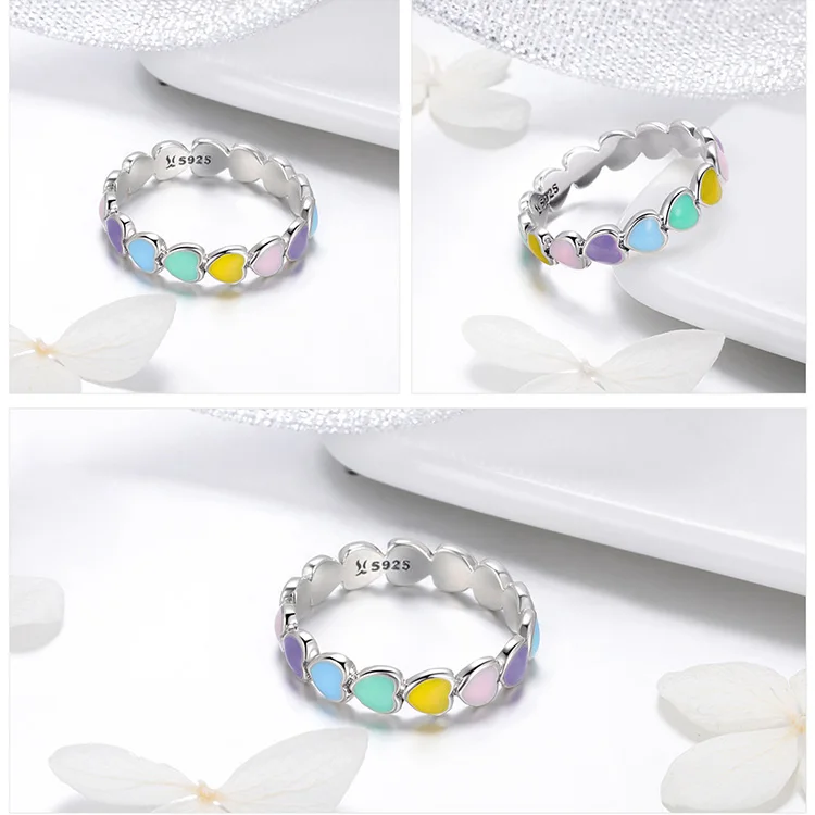 WOSTU Hot Sale 925 Sterling Silver Multi-Color Rainbow Heart Finger Rings For Women Fashion Anniversary Ring Jewelry Gift CQR444
