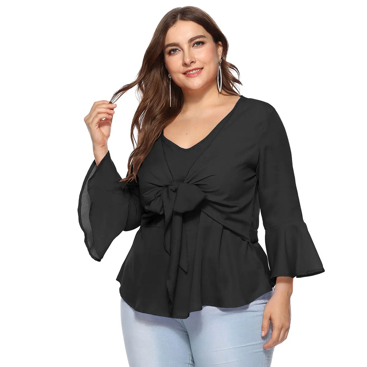 Elegant Charm Casual Natural Bright Women's Large Size Solid Color V-neck Trumpet Ruffled Bow Accessories Chiffon Shirt |