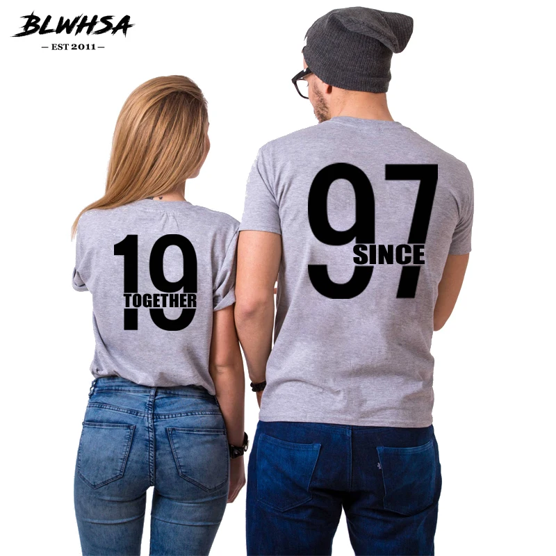 

BLWHSA Couple T Shirt Together Since 1997 Printing Lovers T-Shirt Gray Cotton Round Neck Couple Clothing Girls Boy Top Tees