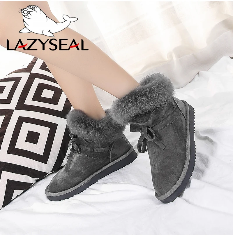 LazySeal обувь года; женские замшевые зимние ботинки с натуральным кроличьим мехом; женские Теплые ботильоны на платформе с плюшевой подкладкой со складками