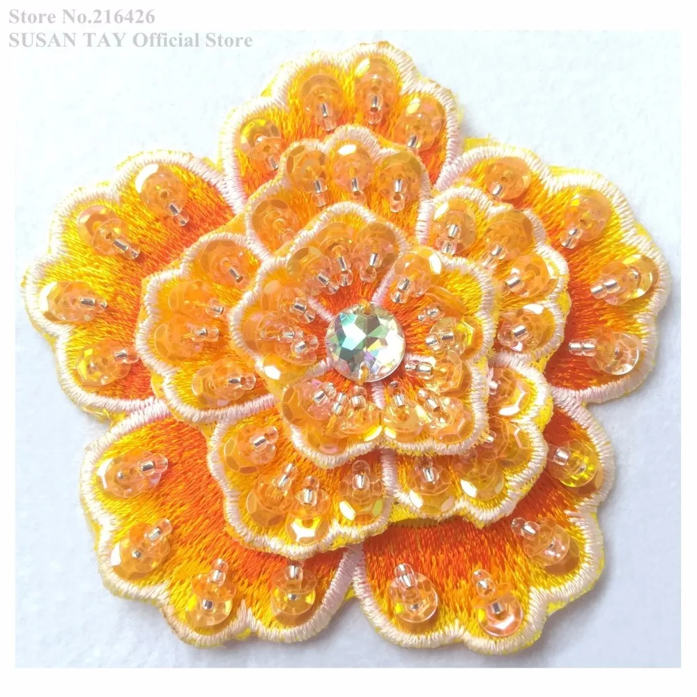 New Yellow Sequined Beaded 3-Layer 3D Flower Embroidery Patches Lace Applique Dancing Dress Costume Decorating 10pcs/lot BNC143E | Дом и сад