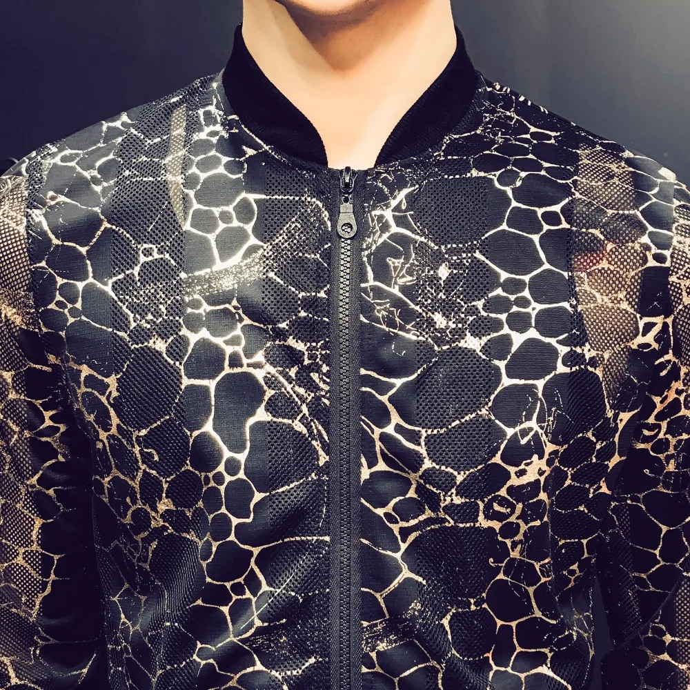 2019 мужские леопардовые куртки с принтом летние прозрачные золотые сетчатые