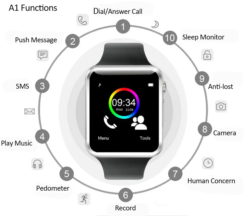 A1 Bluetooth Smart Watch Sport Pedometer With SIM Camera Smartwatch For Android Smartphone Wearable Device Better Than DZ09 GT08 |