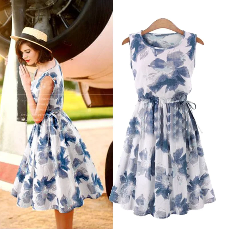 

Spring and Summer Women's Linen Printed Flower Sleeveless Knee Length Dress