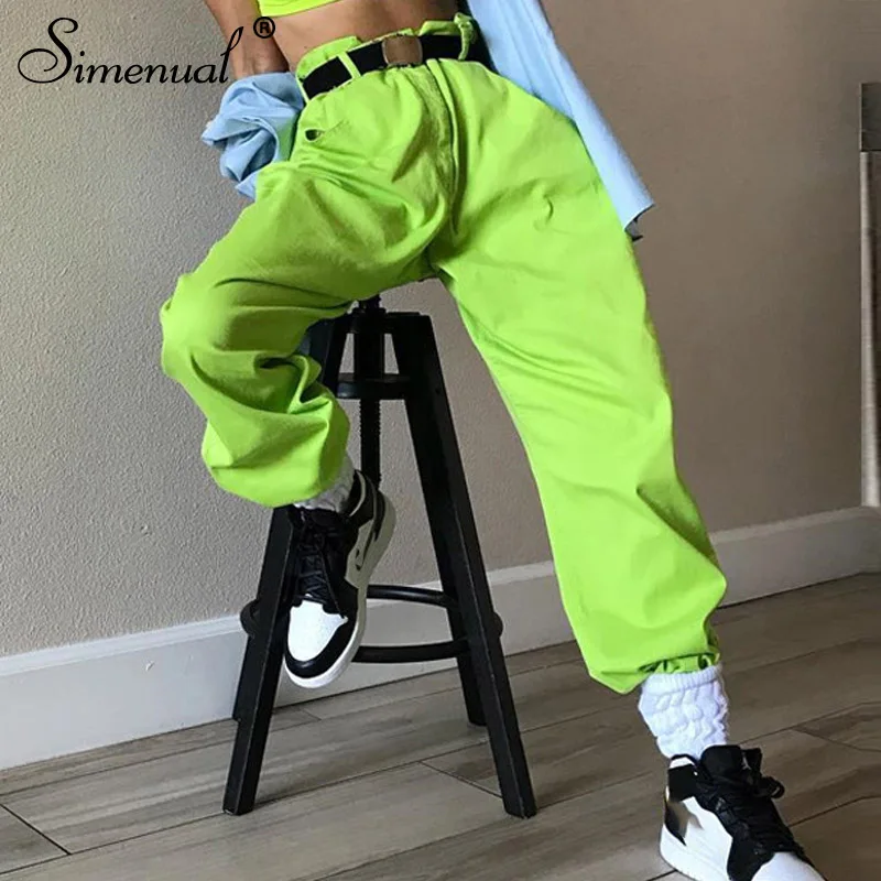 green Simenual с карманами неоновые зеленые брюки карго женские уличные брюки с высокой талией Большие размеры весенние модные спортивные брюки - Цвет: green