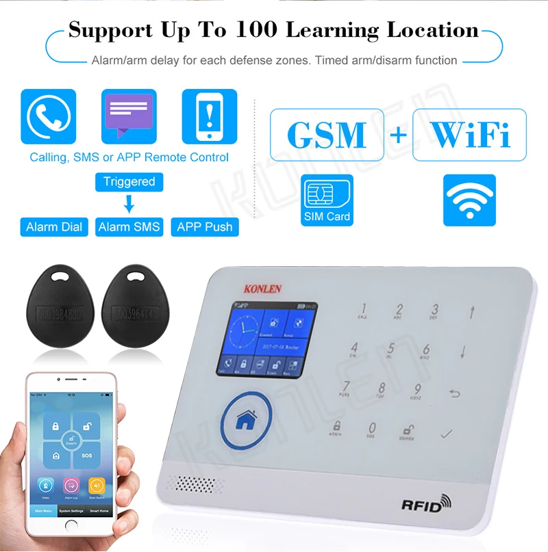 KONLEN wifi GSM RFID охранная домашняя охранная сигнализация Беспроводная Android русская испанская Голосовая Солнечная Сирена датчик дыма двери