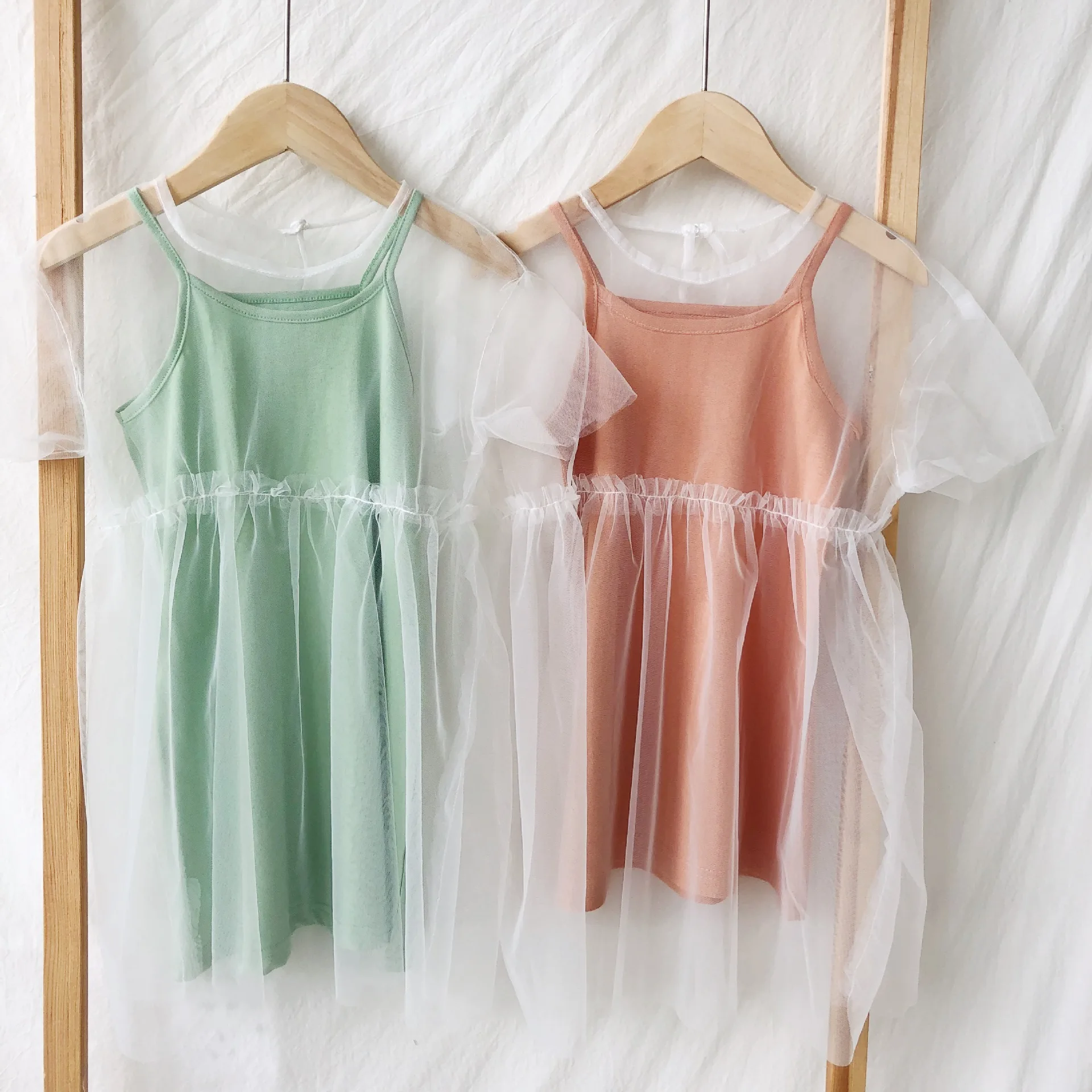 Summer Korean style sleevless solid color slip dress + mesh smock 2pcs suits for cute girls fashion casual dresses | Детская одежда и