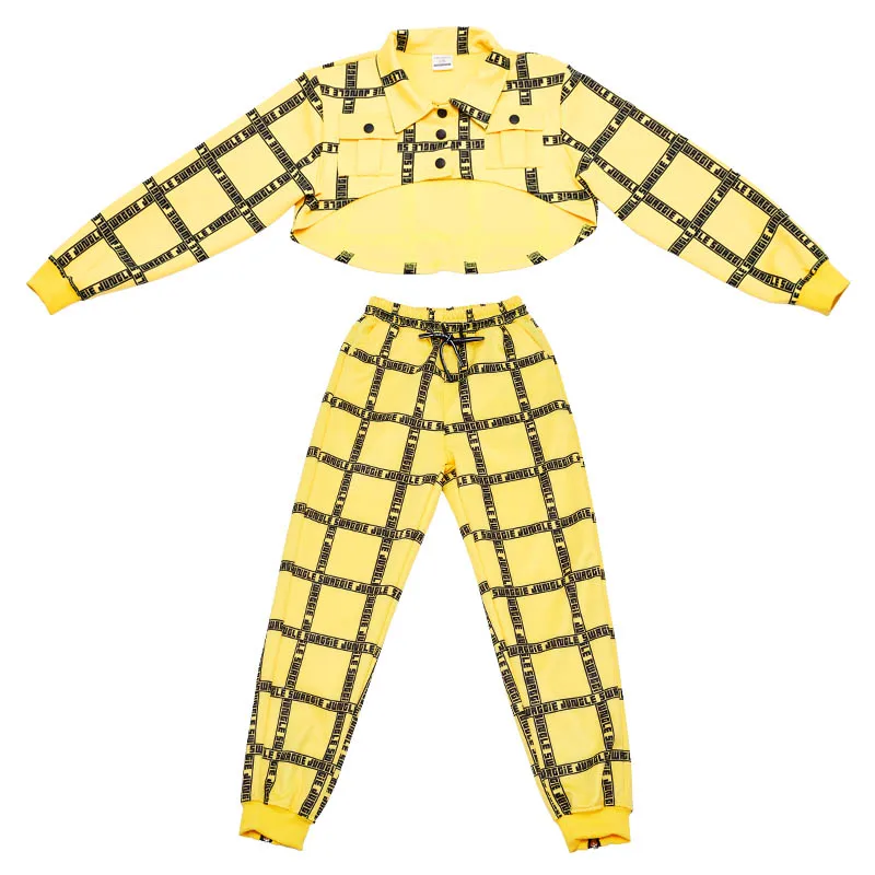 Новый детский костюм для уличного танца Женский Желтый Клетчатый с высоким