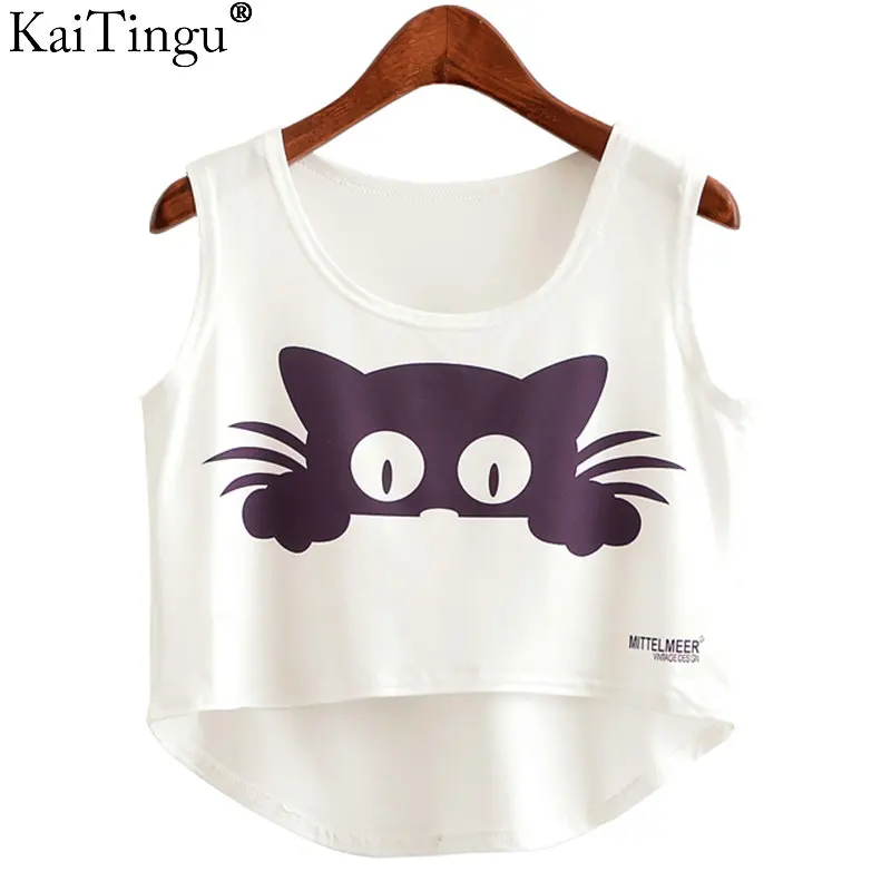 Женский короткий топ без рукавов KaiTingu повседневный укороченный с принтом кота и