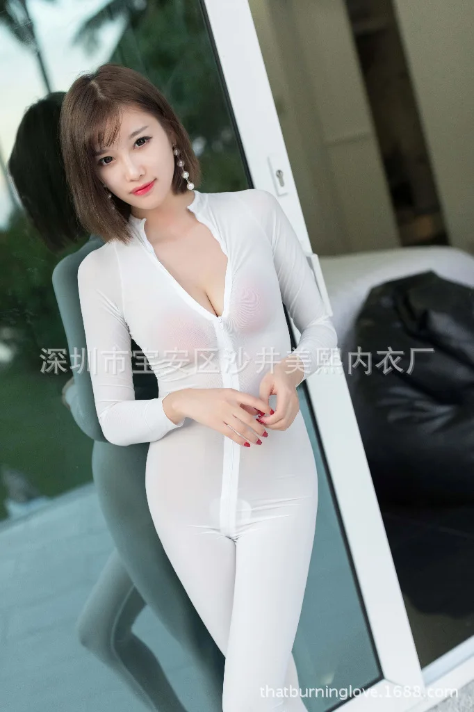 Белый Womens Sexy Lingerie Double Zipper Crotchless Ultra-thin Transparent Full Bodystocking Temptation Deep V Clubwear Nightwear - Цвет: Белый